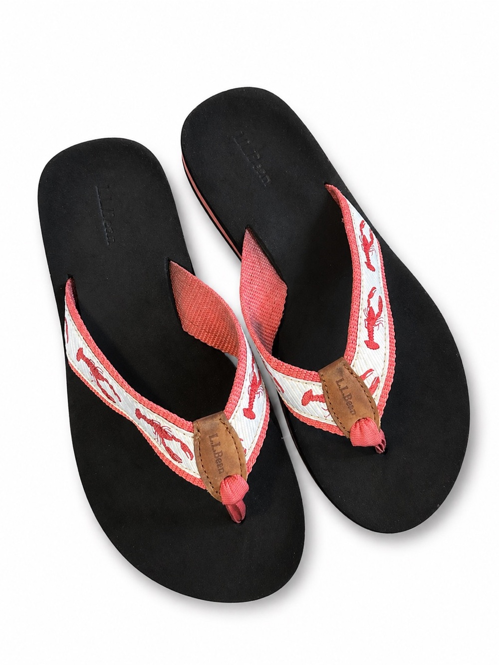 L.L. Bean Black Flip Flops with Coral-White Lobster Straps
